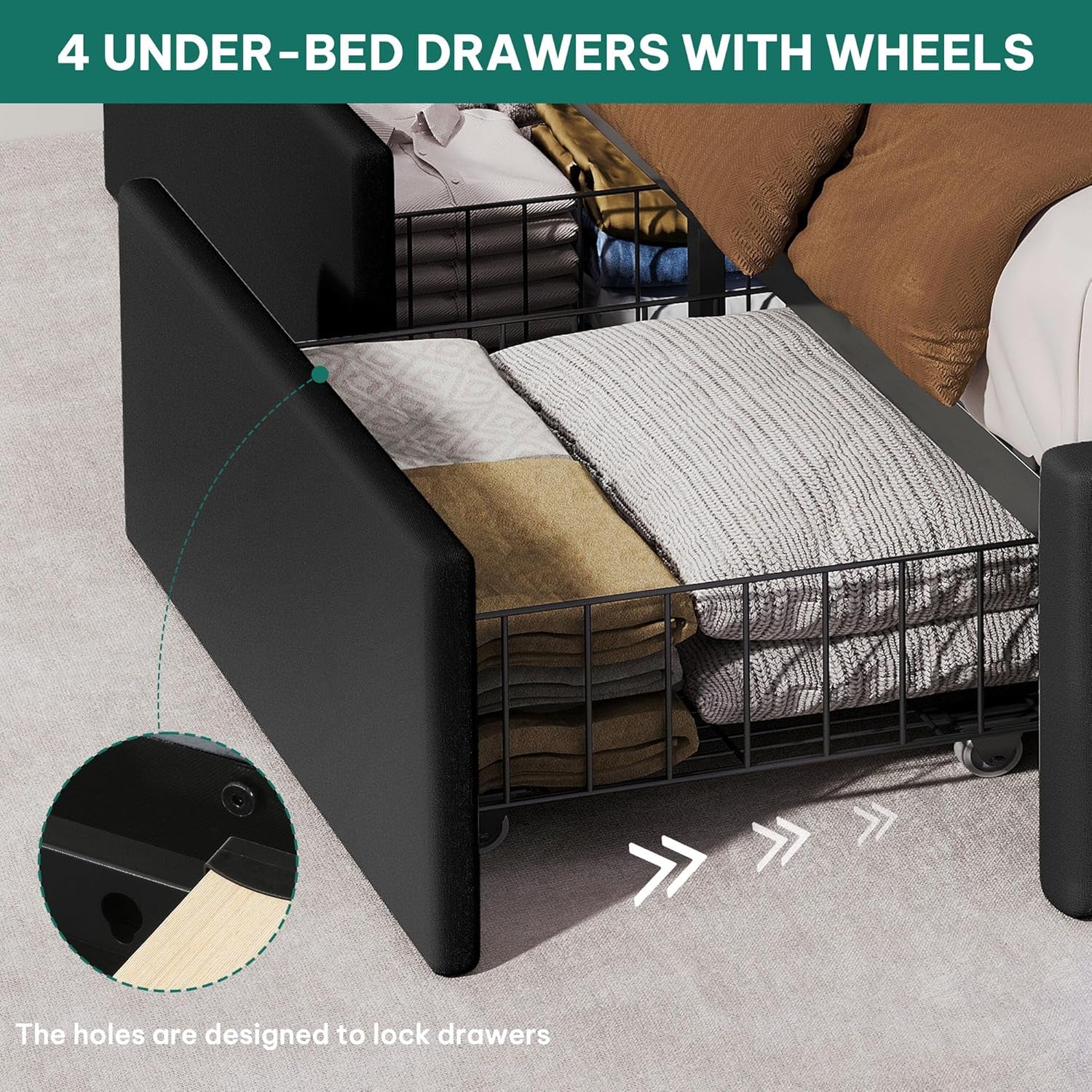 Queen Size Bed Frame with 4 Storage Drawers and RGB LED Lights, 57'' Tall Headboard Velvet Upholstered Bed with Charging Station, No Box Spring Needed, Easy Assembly, Noise-Free, Black