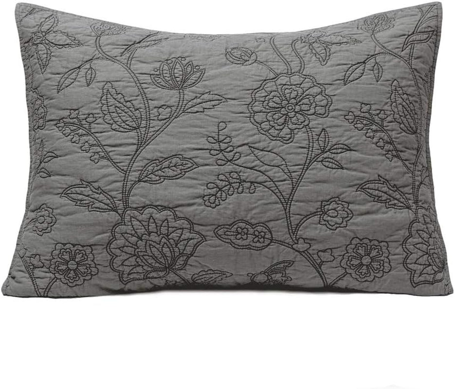 Cotton Vintage Embroidered King Pillow Sham, 20'' X 36'', Gray, 1 Piece