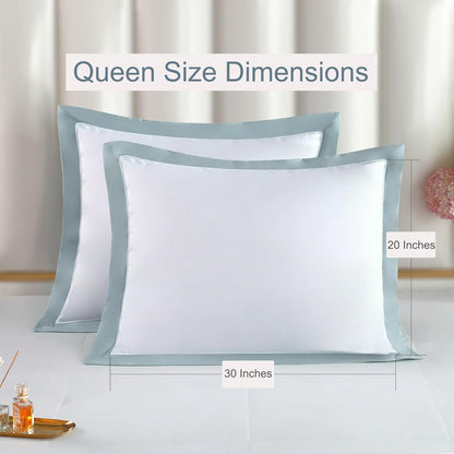 ® 100% Luxury Long-Staple Cotton Pillow Sham/Pillowcase, Set of 2, with Envelope Closure on the Back, White + Misty Blue, Queen Size