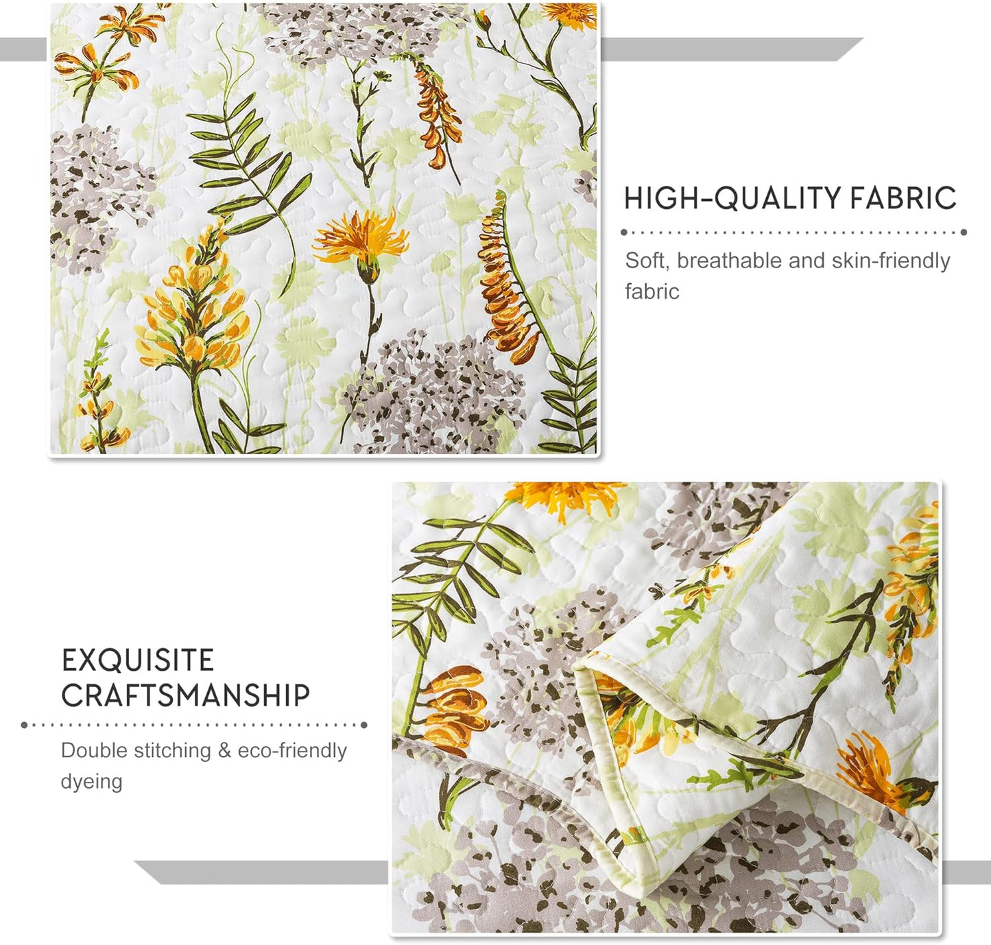 3-Piece Quilt Set Quilted Bedspread Lightweight Reversible Coverlet Set Floral Printed Oversized Quilted Bedding Set with Shams for All Season, Yellow Flower, King Size