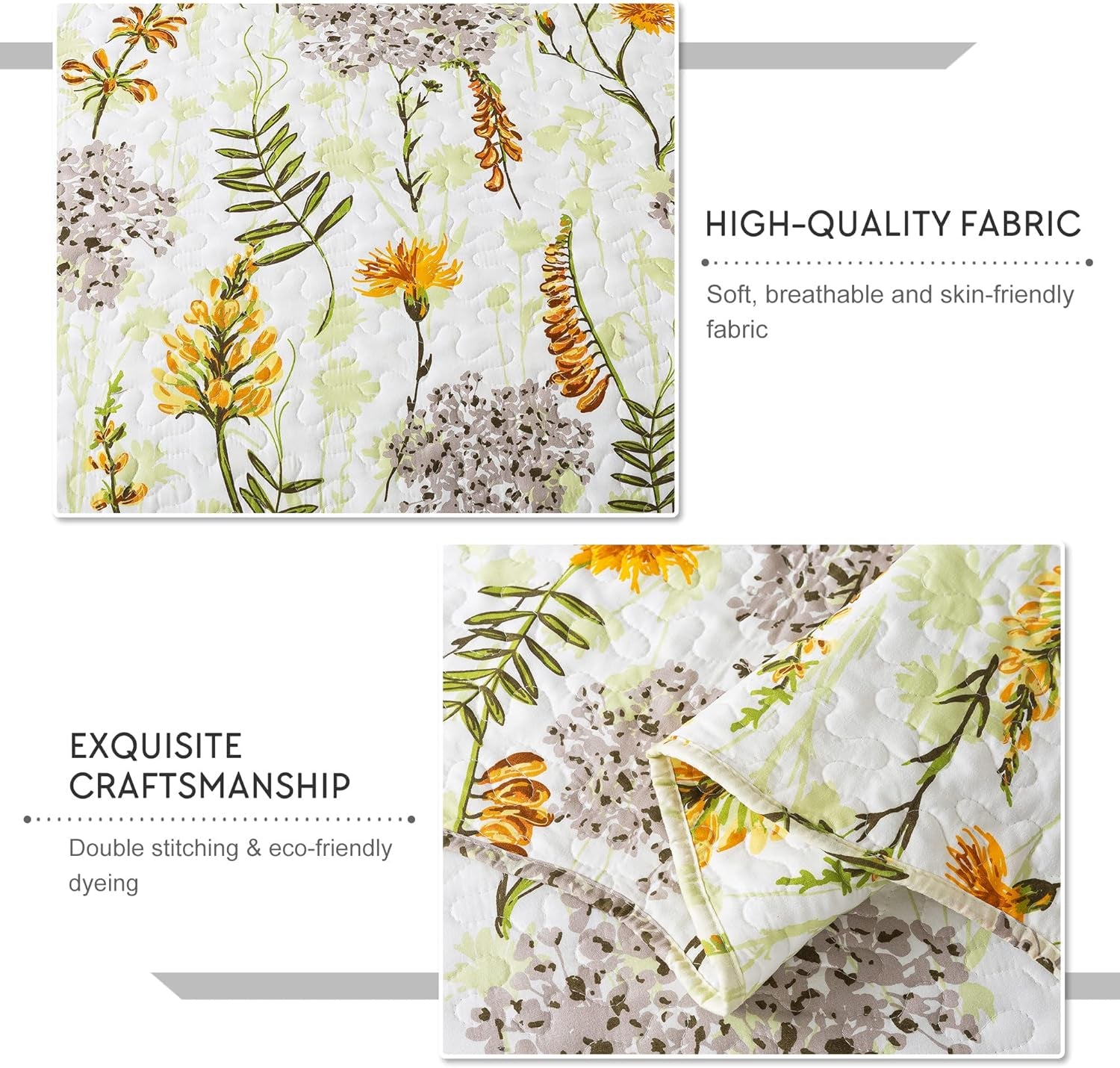 3-Piece Quilt Set Quilted Bedspread Lightweight Reversible Coverlet Set Floral Printed Oversized Quilted Bedding Set with Shams for All Season, Yellow Flower, King Size