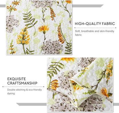 3-Piece Quilt Set Quilted Bedspread Lightweight Reversible Coverlet Set Floral Printed Oversized Quilted Bedding Set with Shams for All Season, Yellow Flower, King Size