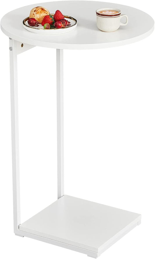 Side Table Living Room, Small End Table for Small Space, 25.6" C Shaped Tall Slide under Couch Tables, Slim End Table with 15" round Cute Look for Living Room, Bedroom, White