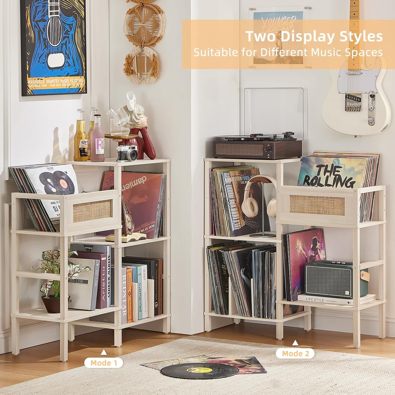 Record Player Stand, White Cream Oak Wood Record Holder with Vinyl Storage Holds up to 300+ Albums, 3-Tier Rattan Media Table with Vinyl Display Shelf, Record Storage Cabinet for Living Room