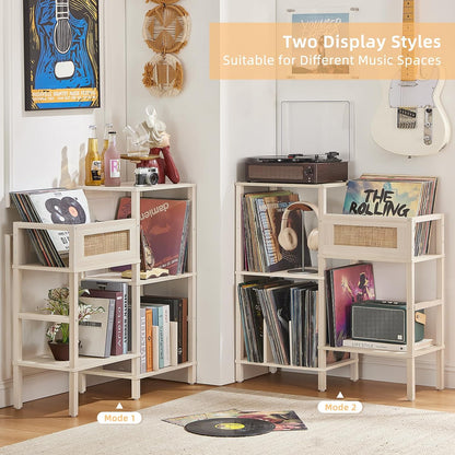 Record Player Stand, White Cream Oak Wood Record Holder with Vinyl Storage Holds up to 300+ Albums, 3-Tier Rattan Media Table with Vinyl Display Shelf, Record Storage Cabinet for Living Room