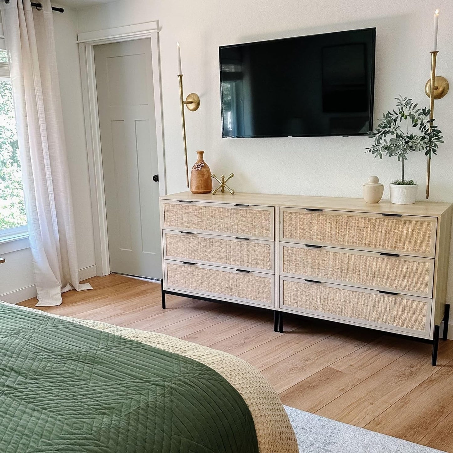 Andrew 3-Drawer Rattan Dresser or Bohemian Living Room Storage Cabinet with Natural Rattan Accent and Metal Legs, Light Oak/Black, Set of 2