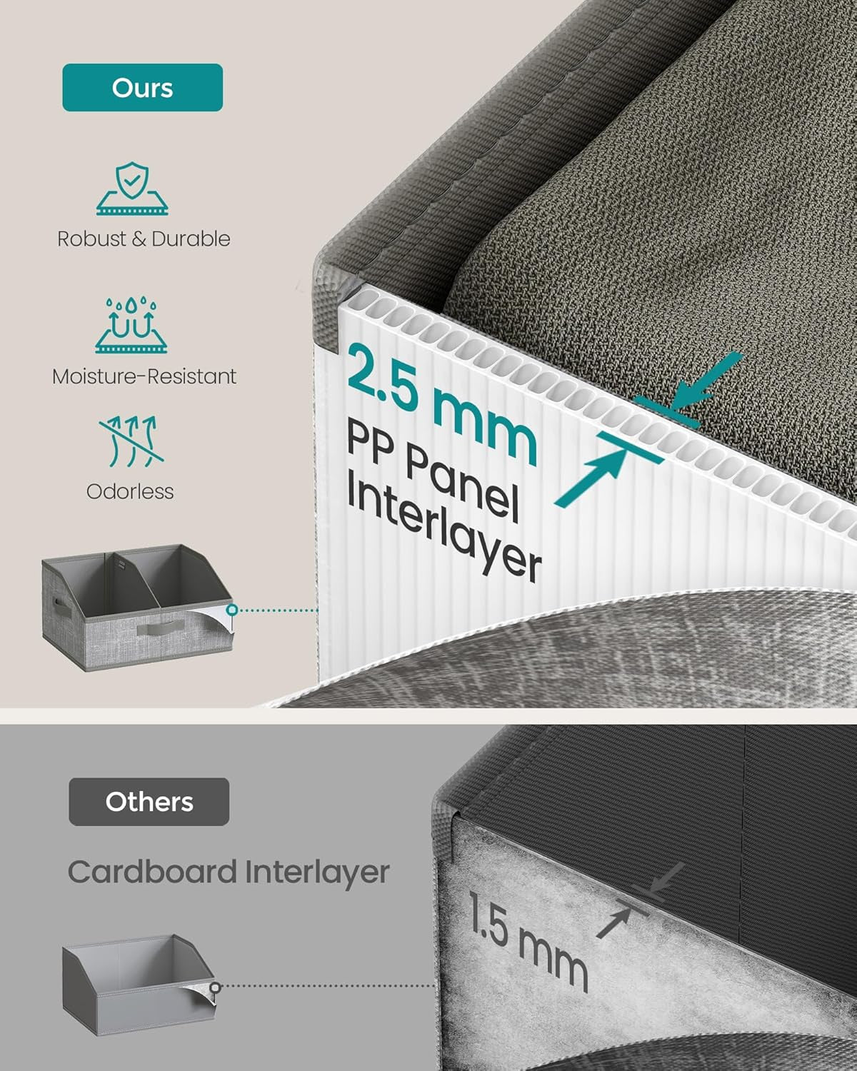 Set of 6 Storage Baskets, Foldable Storage Bins with Removable Dividers, Fabric Boxes, 15.7 X 11.8 X 7.9 Inches, Closet Organizers, 3 Handles, for Living Room, Cattail Gray URFB0140G01