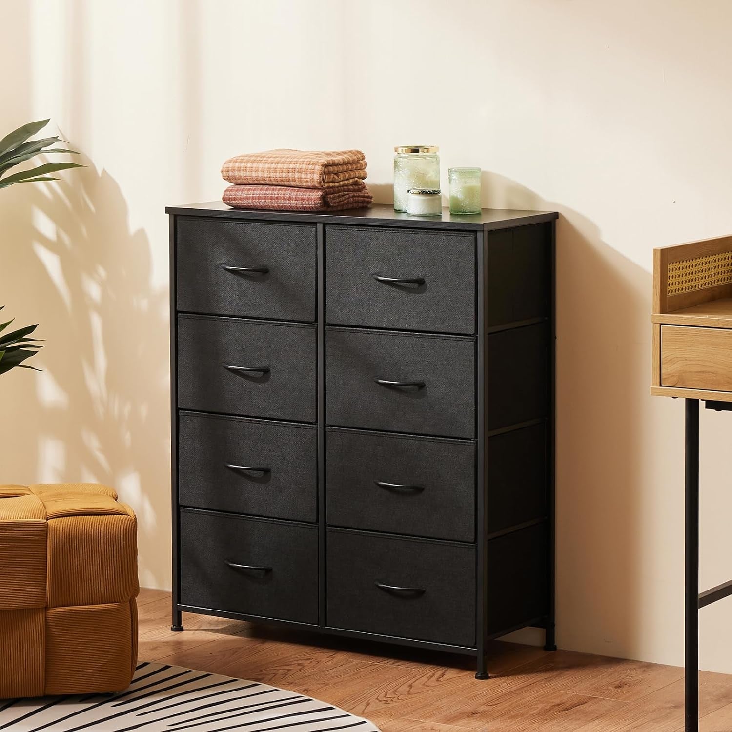 Dresser, Dresser for Bedroom Drawer Organizer Storage Drawers, Fabric Storage Tower with 8 Drawers, Chest of Drawers with Steel Frame, Wood Top for Nursery, Living Room, Closet