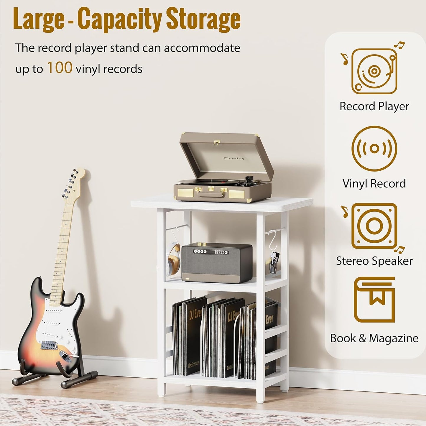 Record Player Stand with Extended Desktop,Large Record Player Table with Vinyl Storage,Turntable Stand with Record Holder Vinyls Display Shelf for Music Room Studio,White