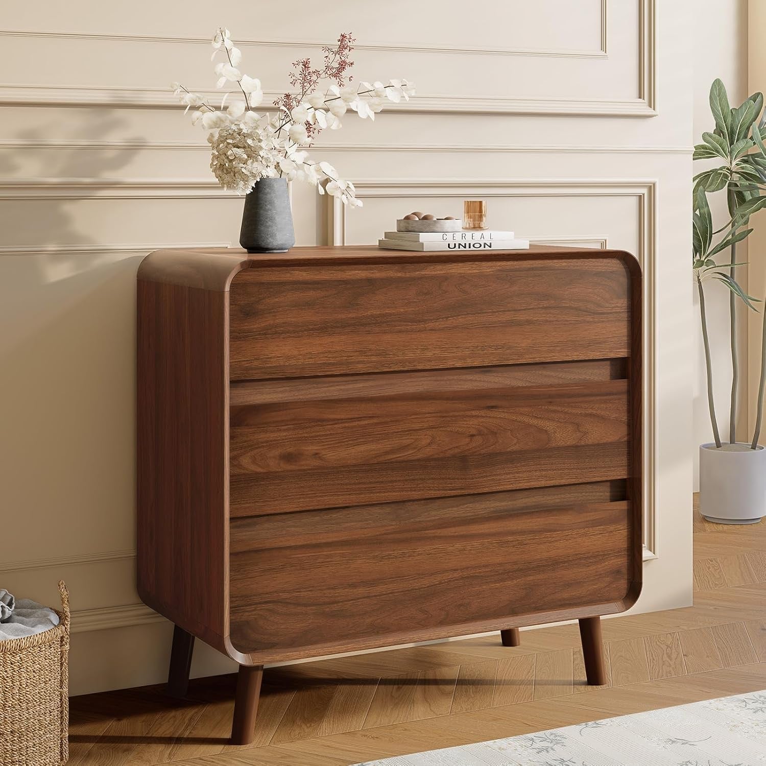 3 Drawer Dressers for Bedroom, Mid Century Modern Chests of Drawers, Curved Dresser with Storage Drawer, Wooden Bedroom Furniture Drawer for Closet, Home Office, Walnut