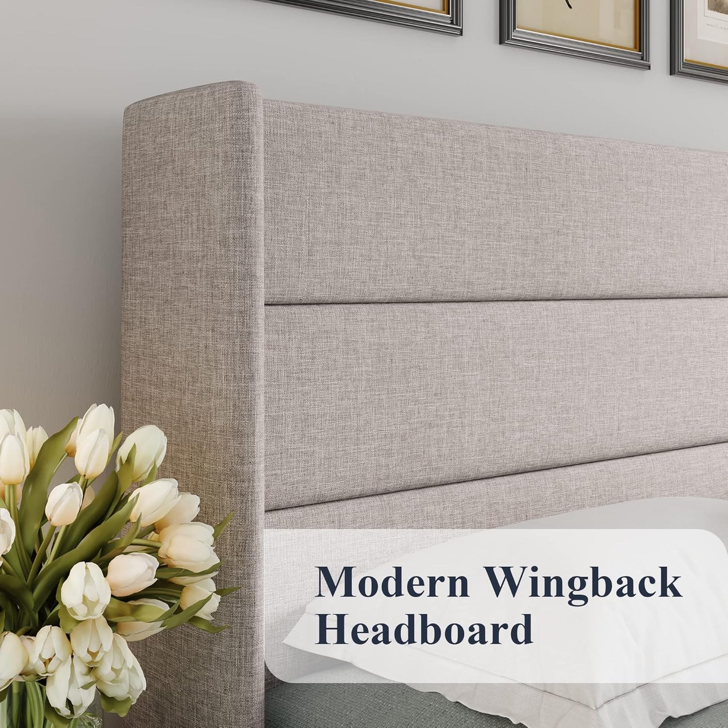 King Size Lift up Storage Bed, Modern Wingback Headboard, Hydraulic Support, No Box Spring Needed, Light Beige