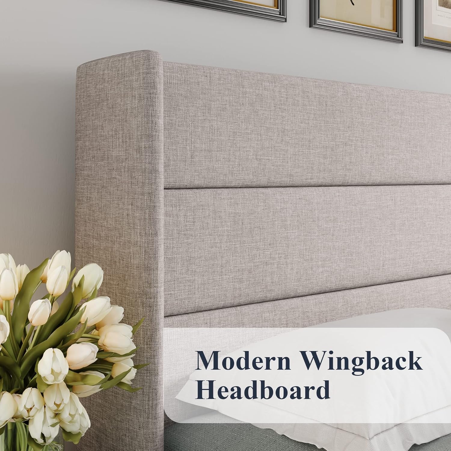 King Size Lift up Storage Bed, Modern Wingback Headboard, Hydraulic Support, No Box Spring Needed, Light Beige