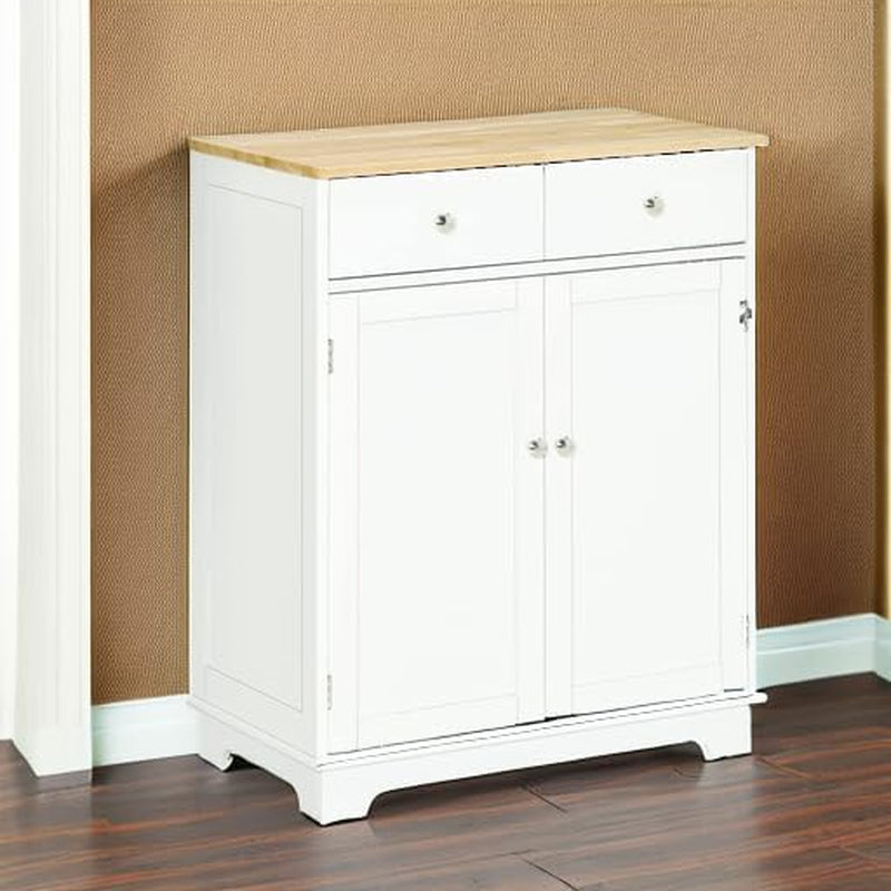 Sideboard with Solid Wood Countertop, Modern Kitchen Storage Cabinet, Coffee Bar Cabinet with 2 Drawers, Doors and Adjustable Shelf, White