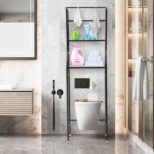 3-Tier Toilet Rack, Bathroom Storage Shelf with Adjustable Pads& Hooks Floor Standing Iron Toilet Stand Corner Space Saver for Balcony Bathroom Kitchen Black