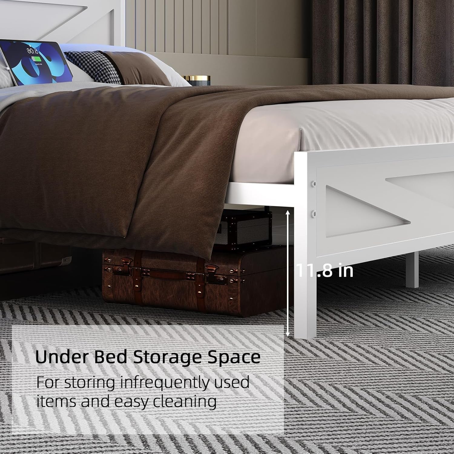 Queen Bed Frame with Headboard, Queen Bed Frames with Outlets and LED Lights, Rustic Bed Frame with Storage Headboard, Farmhouse Barn Door Design, Noise Free, No Box Spring Needed, White