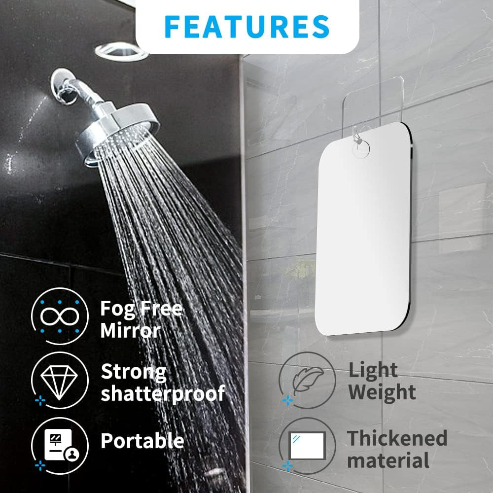 Shatterproof Shower Mirror Fogless for Shaving(2 Pack,Larger 10.7X8 Inch) 43% than Original,Unbreakable Deluxe Plexiglass Makeup Mirror,Largest Bathroom Wall Hanging,Portable Handheld Camping,Silver