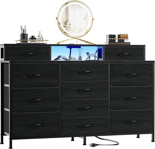 55" W Dresser for Bedroom with LED Lights and Power Outlets,Black Large 12 Storage Drawers Long Fabric Chests Dressers with 2 Shelves for Closet,Living Room,Entryway,Wooden Top,Metal Frame