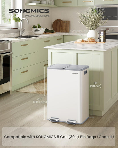 Trash Can, 2 X 8 Gallon (2 X 30 L) Dual-Compartment Garbage Can with Soft-Close Lid, Pedal and Inner Buckets, Stainless Steel, Includes 15 Liner Bags, Matte White ULTB741W01