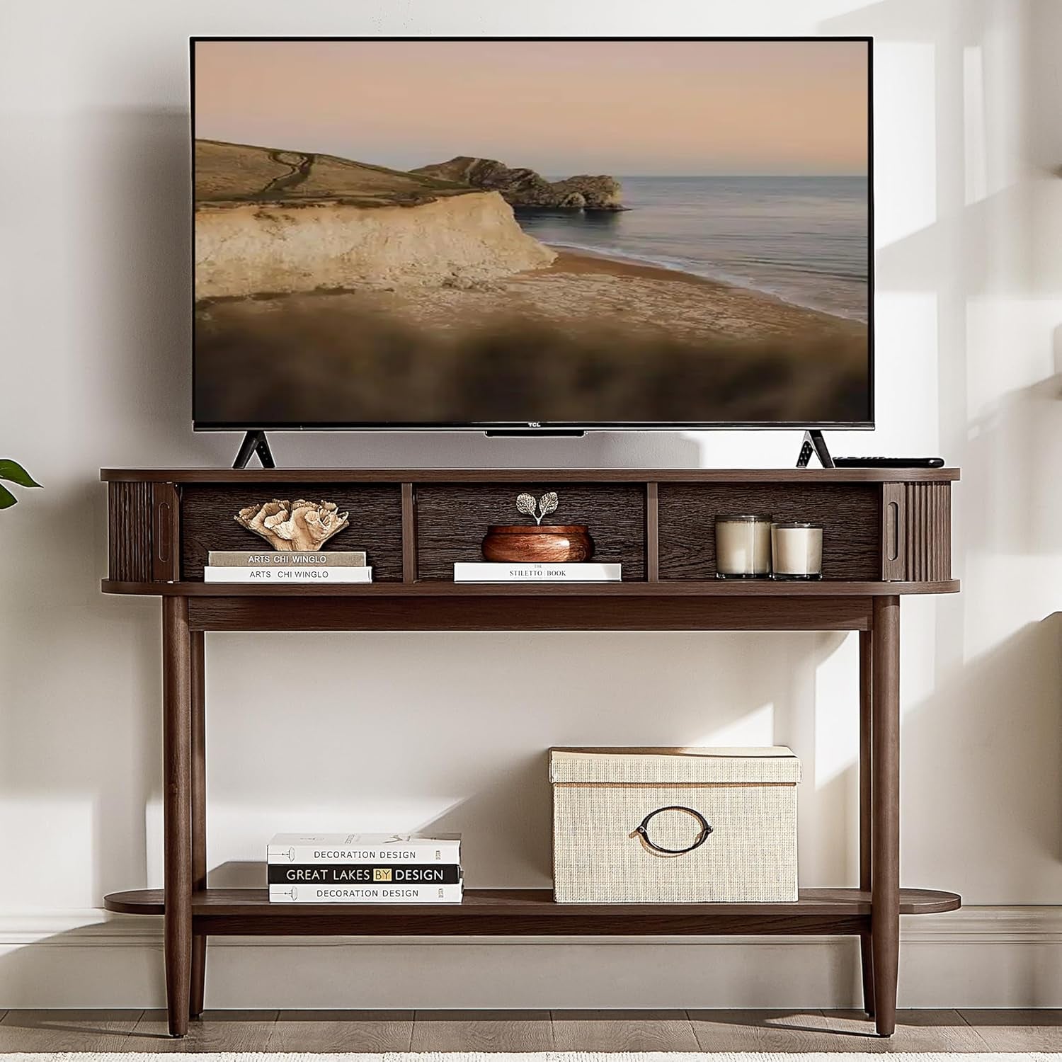 Fluted Console Table with Storage, Entryway Table Wood Entrance Tables for Front Door, behind Couch Sofa Table with Shelves, Foyer Tables for Hallways, Living Room Vintage Furniture, Walnut