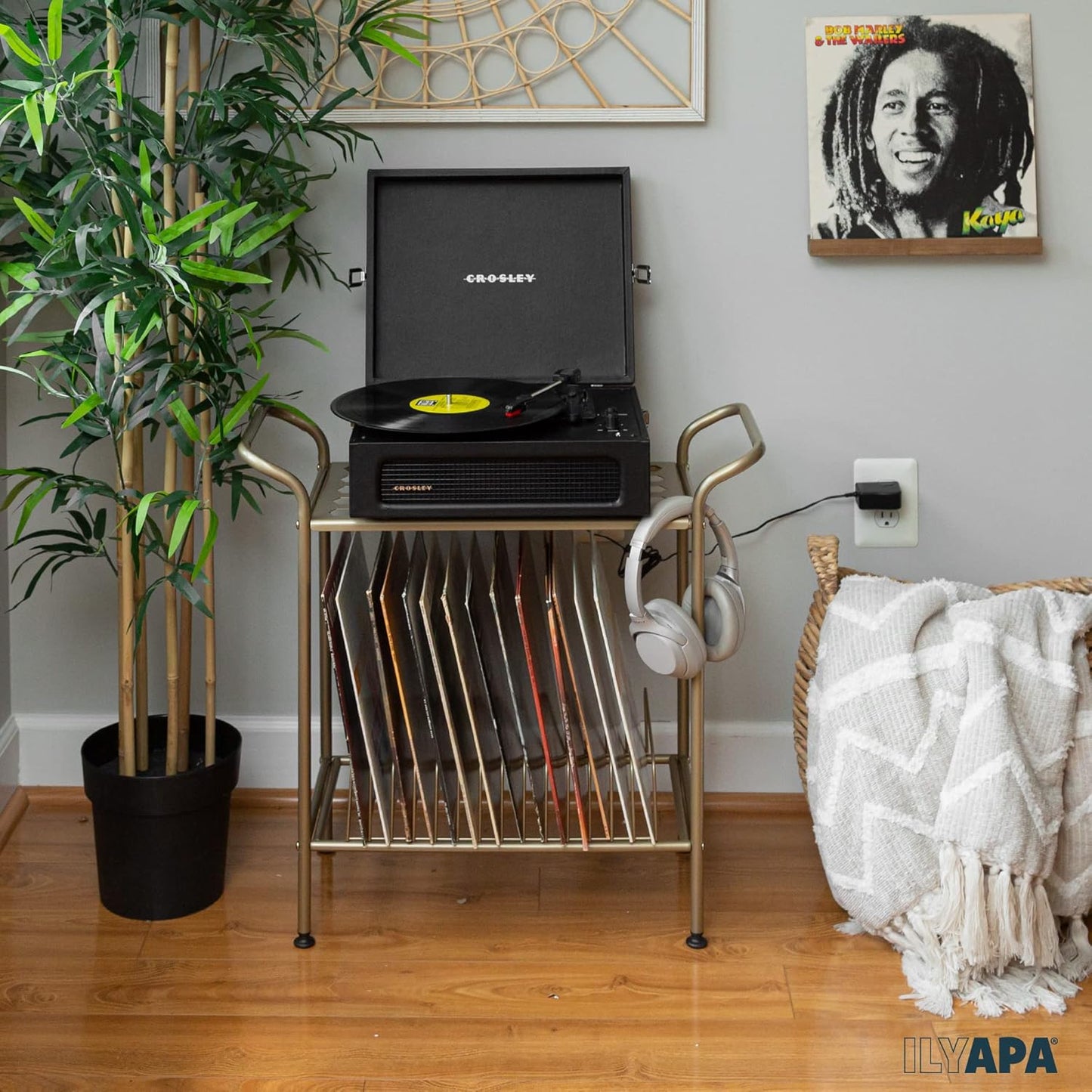 2-Tier Record Player Stand - Gold Metal Vinyl Records Stand with Shelves - Vinyl Player Table with 14 Slots