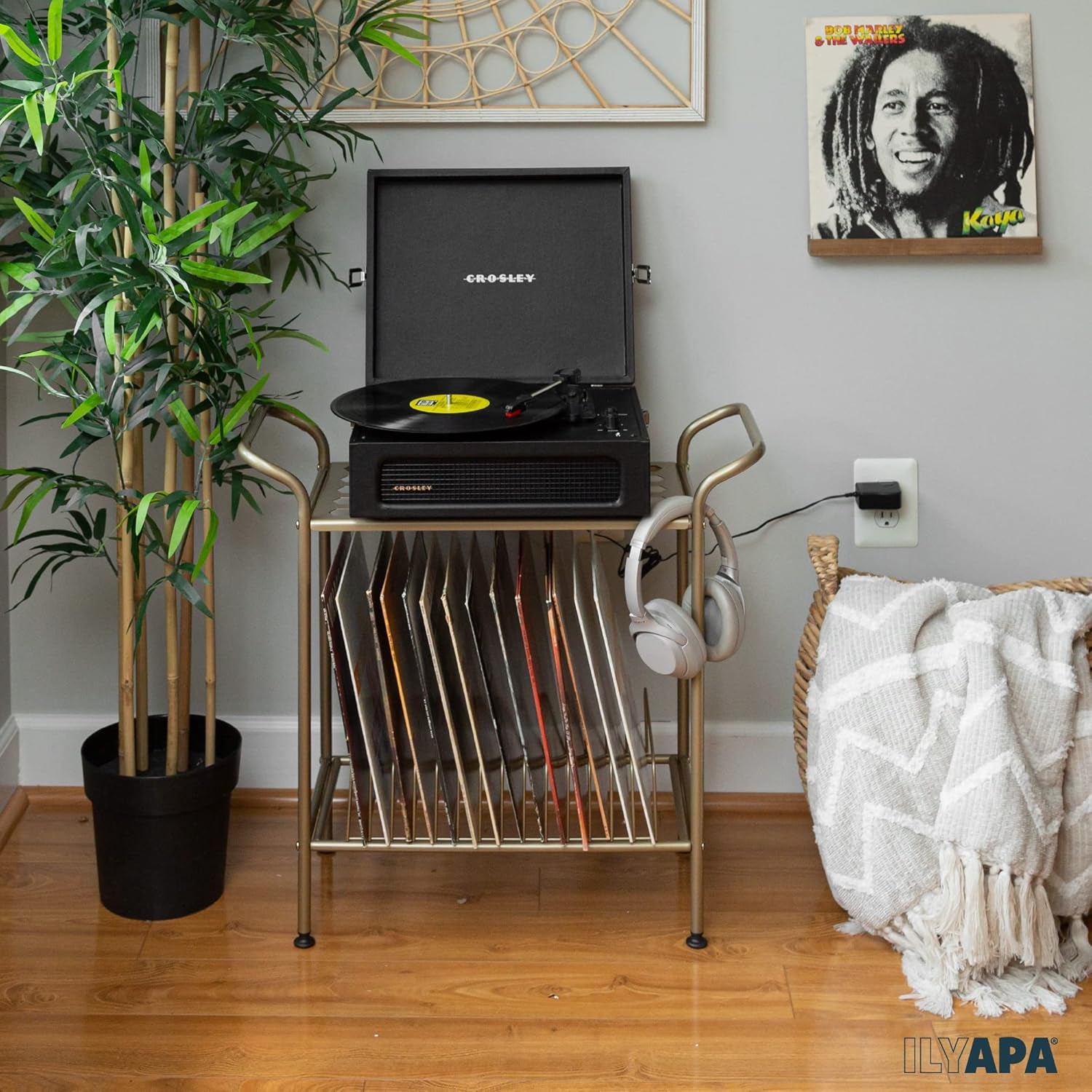 2-Tier Record Player Stand - Gold Metal Vinyl Records Stand with Shelves - Vinyl Player Table with 14 Slots
