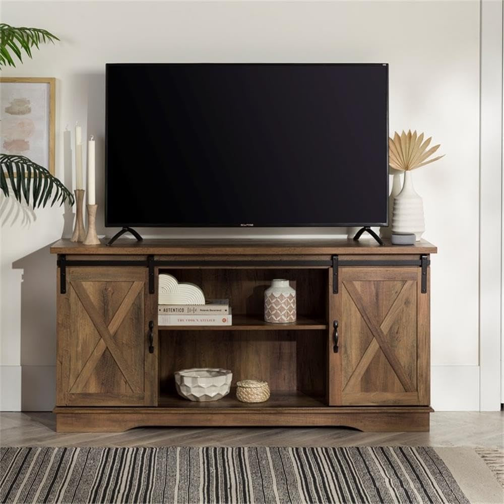 Richmond Modern Farmhouse Sliding Barn Door Stand for Tvs up to 65 Inches, without Fireplace, Rustic Oak