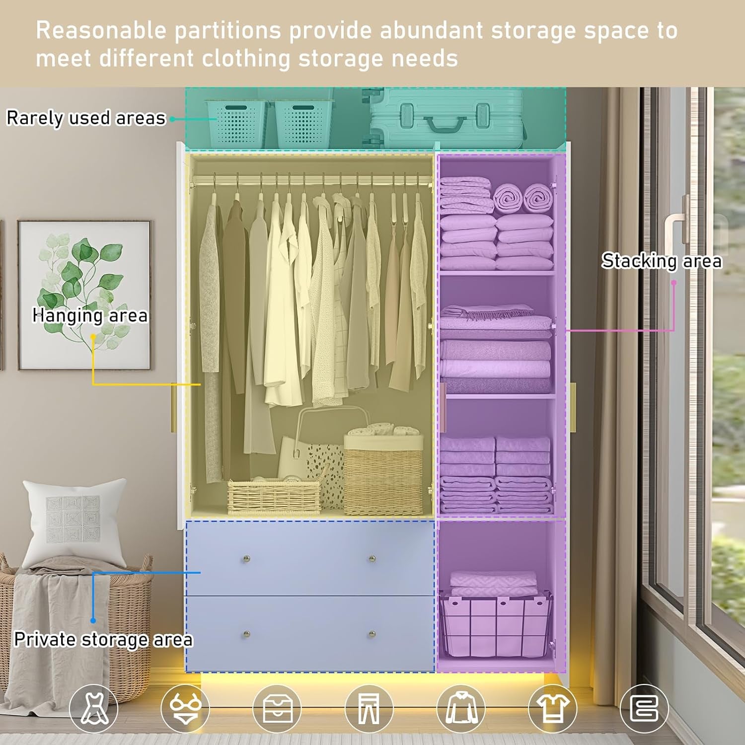 3 Door Wardrobe Closet with Mirror & LED Lights, Bedroom Armoire with Drawers & Shelves, Modern Wooden Armoire Wardrobe Closet with Hanging Rod for Bedroom, White