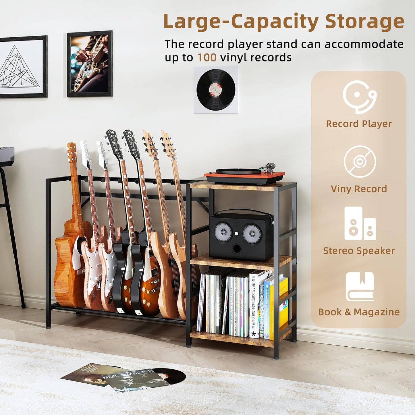 Record Player Stand with Guitar Stand, Record Player Table with Guitar Rack, Guitar Holder 7 Space for Multiple Guitars, Bass, Acoustic, Guitar Display for Home Music Studio, Brown
