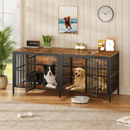 80" Heavy Duty Dog Crate Furniture with Rustic Wood Top - 3-In-1 Large Indoor Dog Kennel End Table & TV Stand, Double Door Pet House for Medium/Large Dogs (Up to 150Lbs), Easy Assembly