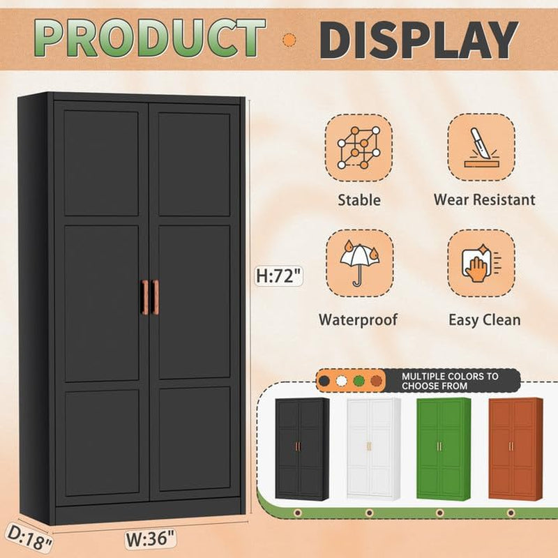 Metal Wardrobe Closet with Doors and Shelves,72" Black Armoire Wardrobe Closet for Hanging Clothes for Home,Bedroom,School,Employee,Gym(36" W X 18" D,Warm Style)