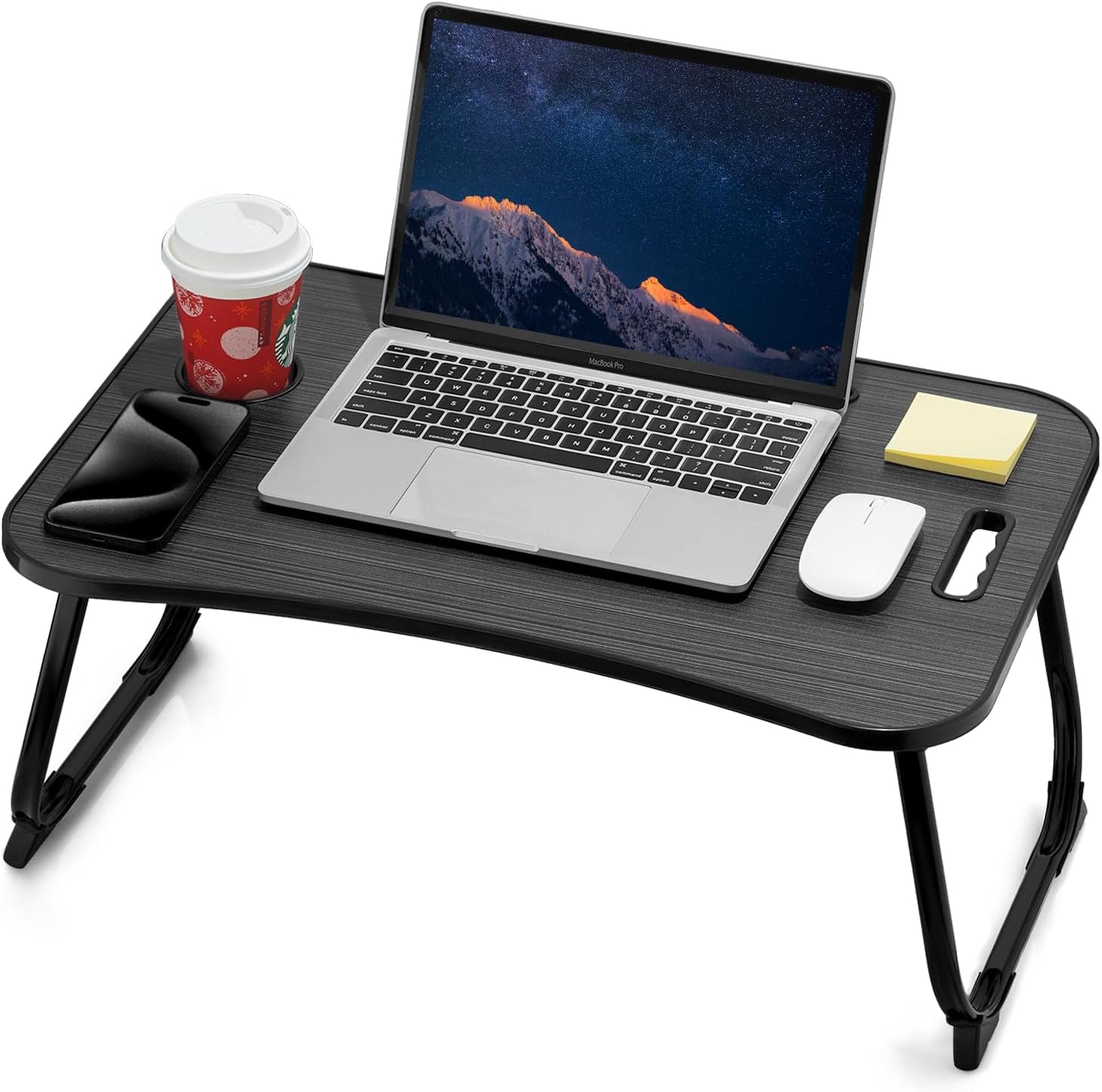 Laptop Bed Desk, Foldable Lap Desk, Portable Lap Table, Laptop Stand with Cup Holder & Tablet Slot & Lifting Handle for Working Writing Drawing & Eating - Black