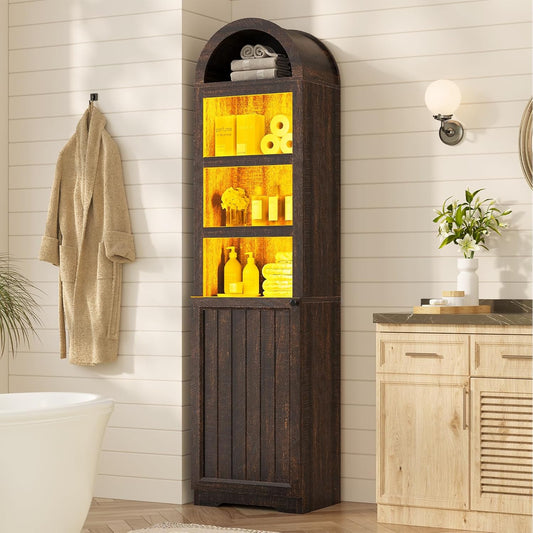 72" Tall Arched Narrow Bathroom Storage Cabinet with Lights, Slim Storage Cabinet with Adjustable Shelves for Small Spaces, Farmhouse Style (Tan)