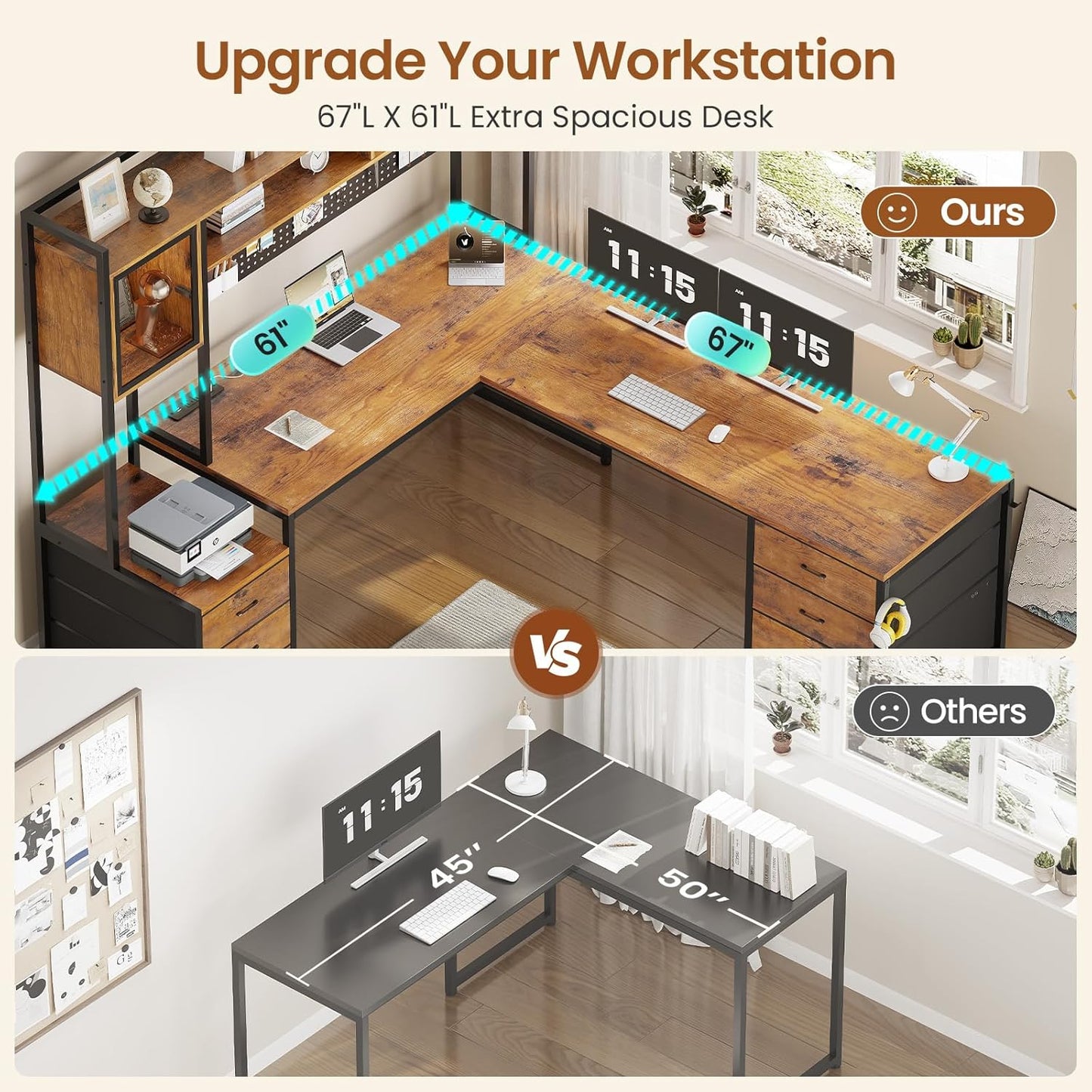 L Shaped Gaming Desk with 6 Drawers, Reversible Computer Office Desk with File Drawer, Hutch, Storage Shelves, Gaming Corner Desk with Led Lights, Power Outlet for Two Person, Rustic Brown