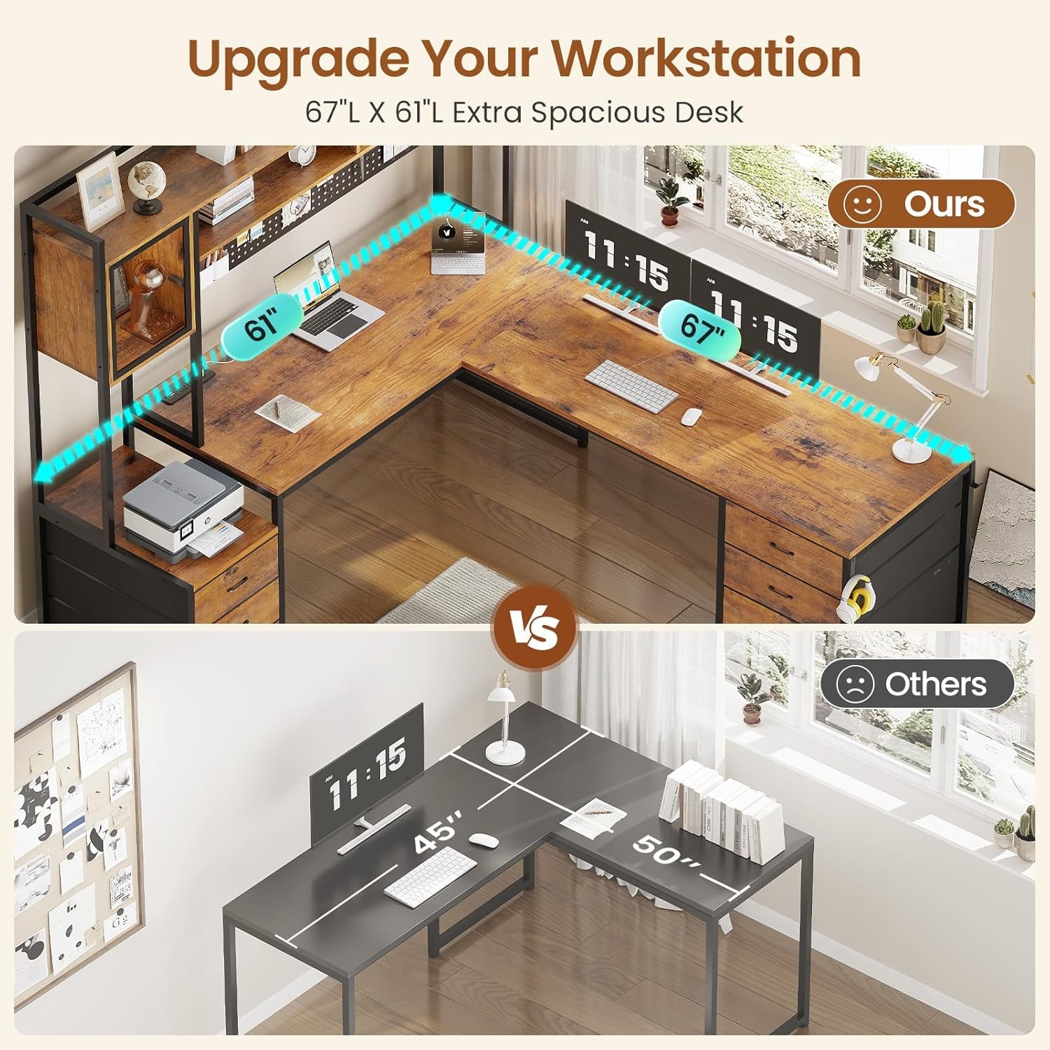 L Shaped Gaming Desk with 6 Drawers, Reversible Computer Office Desk with File Drawer, Hutch, Storage Shelves, Gaming Corner Desk with Led Lights, Power Outlet for Two Person, Rustic Brown