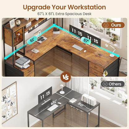 L Shaped Gaming Desk with 6 Drawers, Reversible Computer Office Desk with File Drawer, Hutch, Storage Shelves, Gaming Corner Desk with Led Lights, Power Outlet for Two Person, Rustic Brown