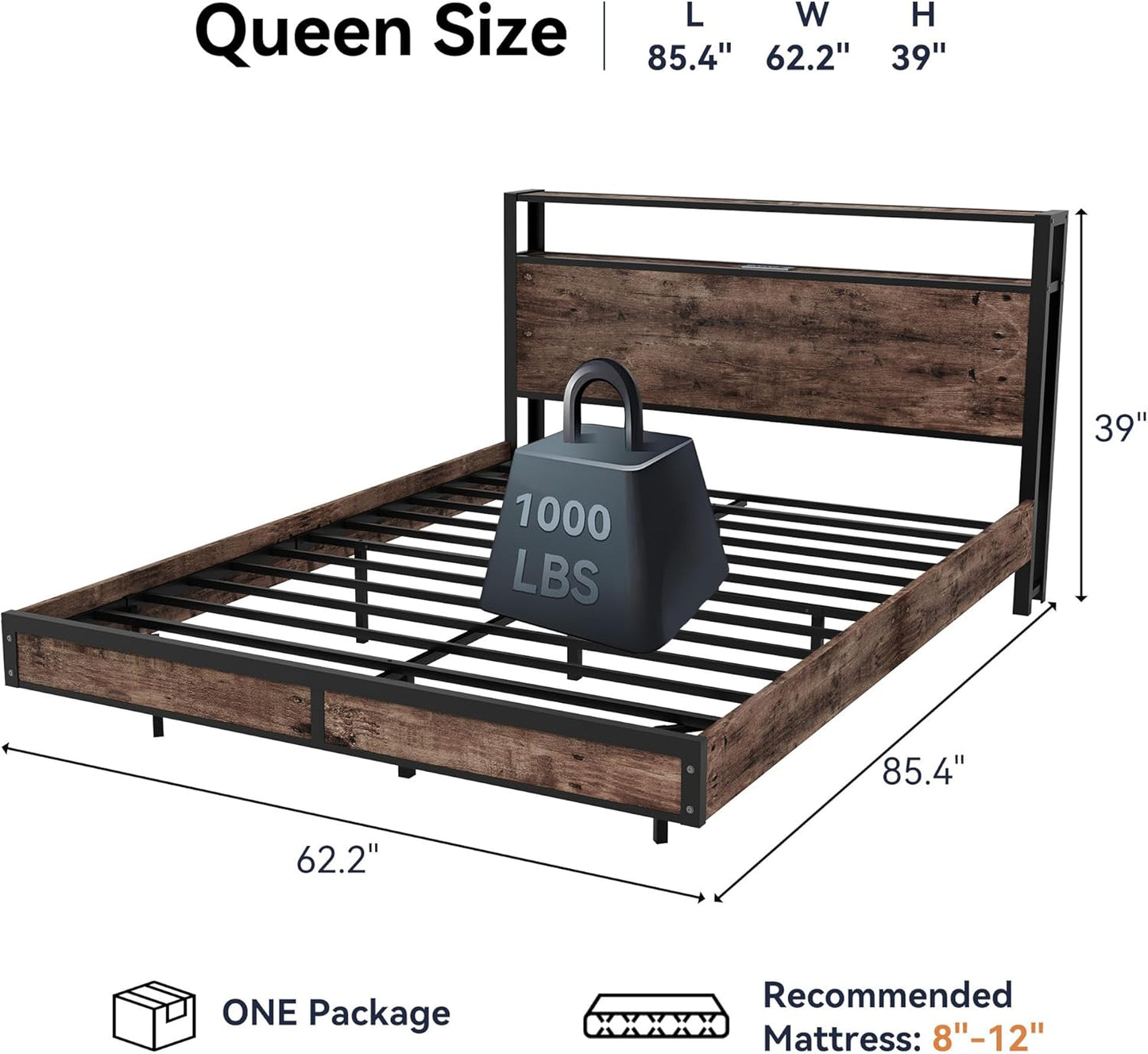 Queen Size Bed Frame with Storage Headboard, Sturdy Metal Platform Bed Frame with LED Lights and Charging Station, Easy Assembly, No Box Spring Needed, Noise Free, Rustic Brown