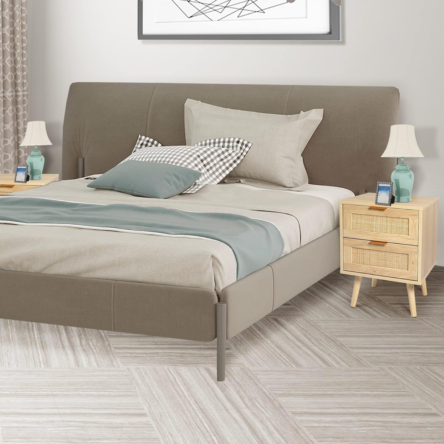 Nightstands Set of 2 with Rattan Drawer, Modern Night Stand for Bedrooms, Wooden 2 Drawer Bedside Table Side Table for Small Place and Bedroom (Brown, 2 Drawers 2 Pack)