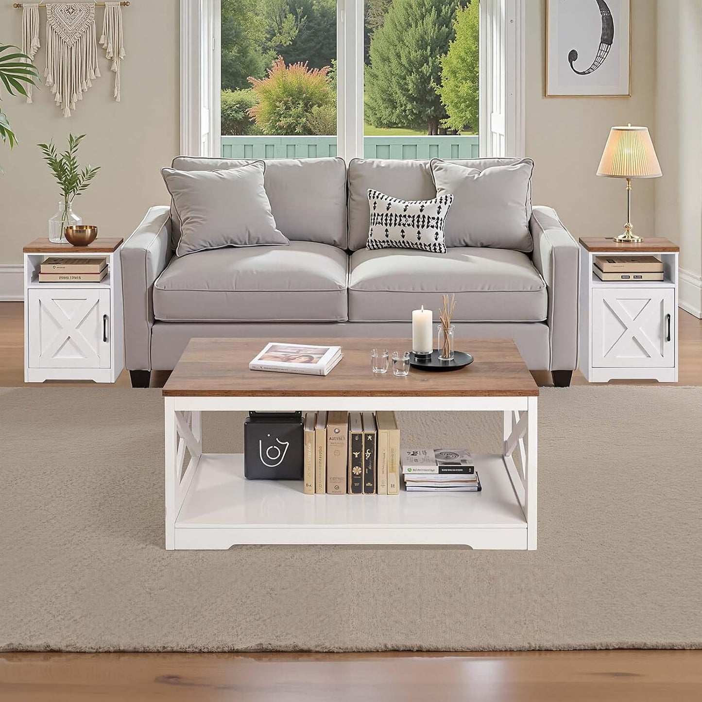 3 Pieces Farmhouse Coffee Table Sets, 40 Inch Industrial Coffee Table with 2 End Tables, Easy Assembly Coffee and Side Tables Sets with Charging Station, for Office, Living Room & Apartment