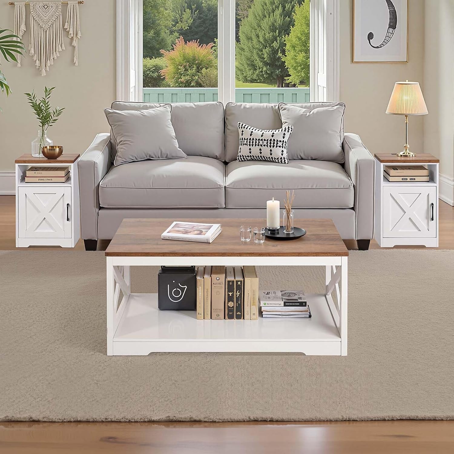 3 Pieces Farmhouse Coffee Table Sets, 40 Inch Industrial Coffee Table with 2 End Tables, Easy Assembly Coffee and Side Tables Sets with Charging Station, for Office, Living Room & Apartment