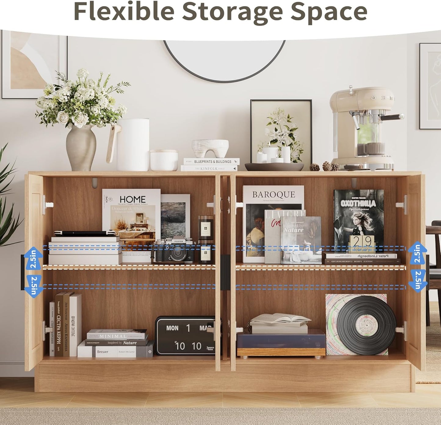 53.1“W Oak 4 Door Buffet Cabinet, Coffee Bar with Adjustable Shelf, Kitchen Sideboard for Living Room, Hallway