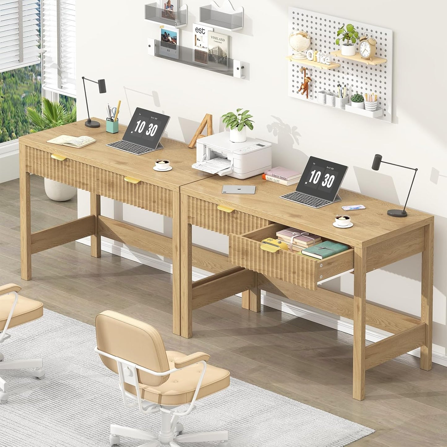 Fluted Computer Desk with 2 Drawers, 39 Inch Small Computer Desk with Storage, Compact Writing Study Desk for Small Spaces