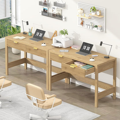 Fluted Computer Desk with 2 Drawers, 39 Inch Small Computer Desk with Storage, Compact Writing Study Desk for Small Spaces