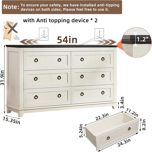 6 Drawers Dresser for Bedroom, Farmhouse 54'' White Dresser Chest of Drawers, Vintage Design Wood TV Stand, Rustic Storage Dressers Organizer for Bedroom, Living Room, Hallway