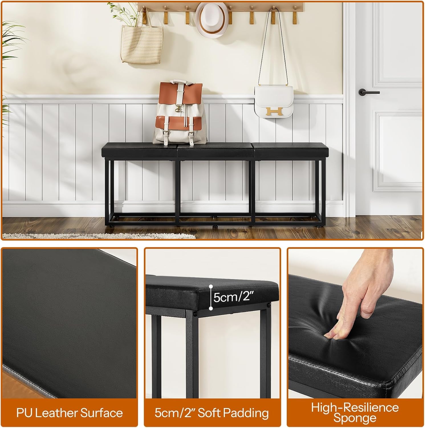 Dining Bench, Dining Room Bench with PU Leather Upholstered Seat, for Kitchen, Living Room, Hallway, Kitchen, Entryway, Bedroom, Black BB46CD01