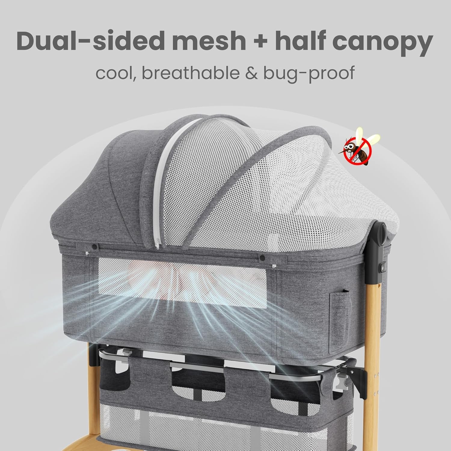 Baby Bassinet, Bedside Bassinet for Baby, 3 in 1 Adjustable Height Bedside Sleeper with Wheels, Breathable Mesh, Easy Folding Portable Crib, Rocking Mode & Storage Basket for Newborn Infants