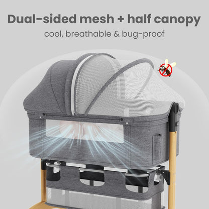 Baby Bassinet, Bedside Bassinet for Baby, 3 in 1 Adjustable Height Bedside Sleeper with Wheels, Breathable Mesh, Easy Folding Portable Crib, Rocking Mode & Storage Basket for Newborn Infants