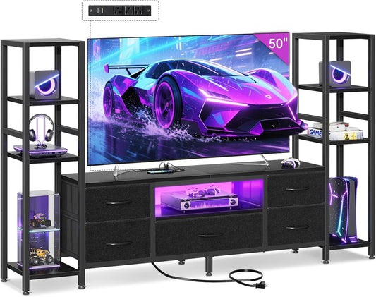 TV Stands for 40/43/50 Inch TV, Entertainment Center with LED Lights & Power Outlets, TV Stand Living Room with 5 Fabric Drawers, TV Console Cabinet for Bedroom, Black