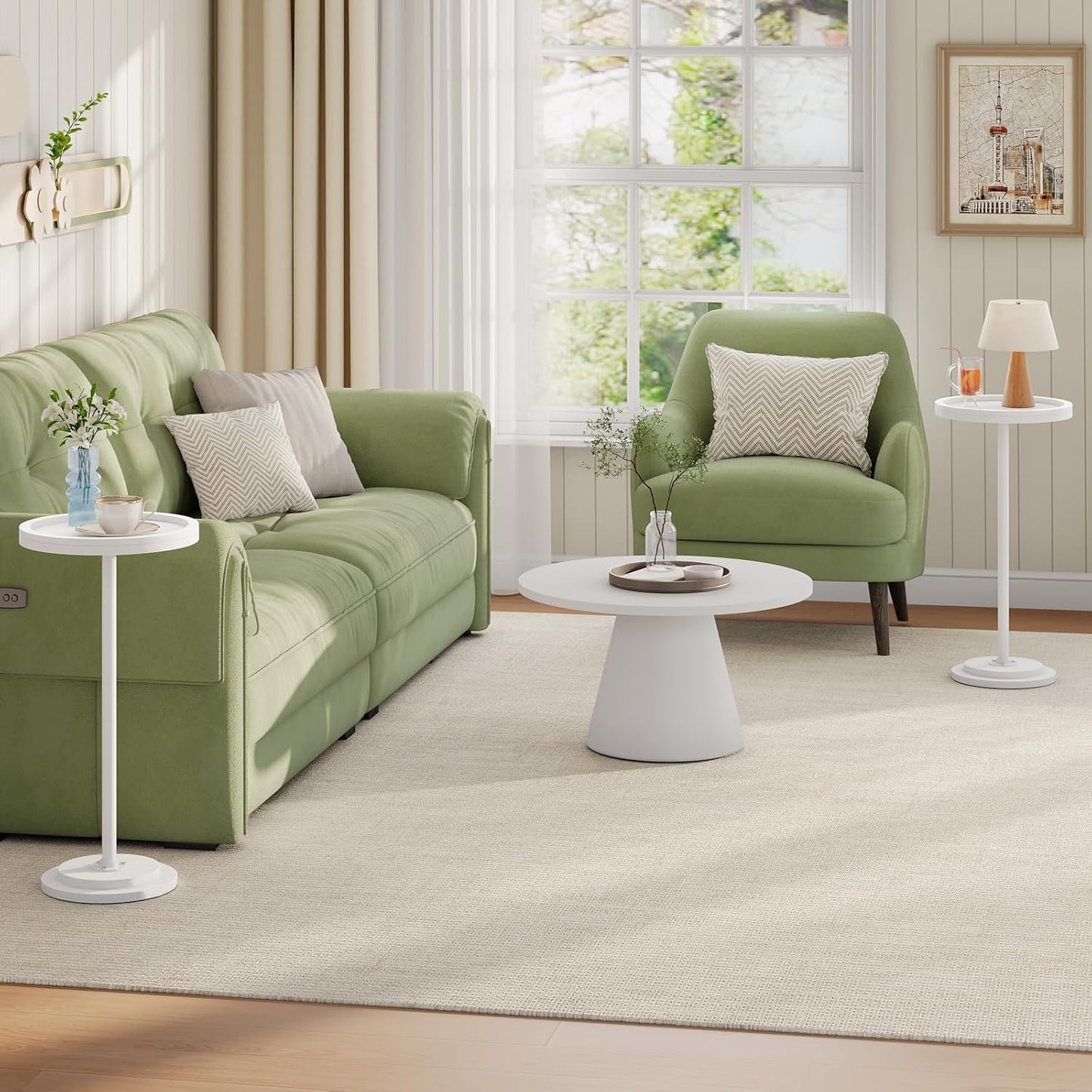 Small round Side Tables, Set of 2, Drink Tables, Coffee Martini Tables with Pedestal Accent for Small Spaces in Living Room, Bedroom, Sofa Couch, White WW168BZP201