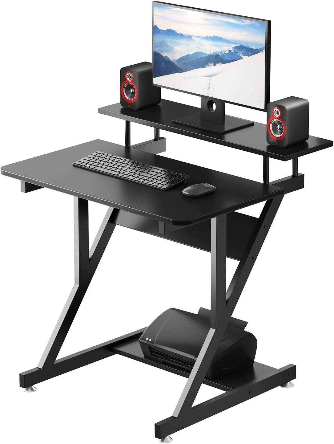 Computer Desk for Small Spaces, 27.5 Inch Small Computer Desk, 3 Tier Compact Desk with Monitor Shelf and Bottom Storage Shelves, Space Saving Desk, Black