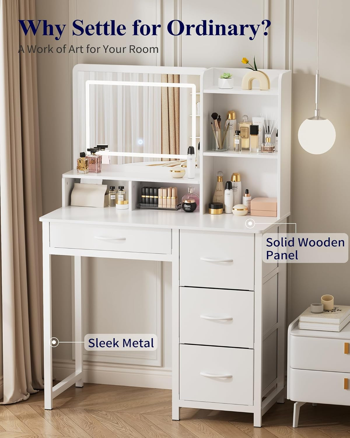 Vanity Desk with Mirror and Lights - Large Capacity Makeup Vanity with 4 Fabric Storage Drawers & 3 Lighting Modes, Vanity Table Set with Sturdy Metal Frame for Bedroom, White, 35" X 17" X 52"